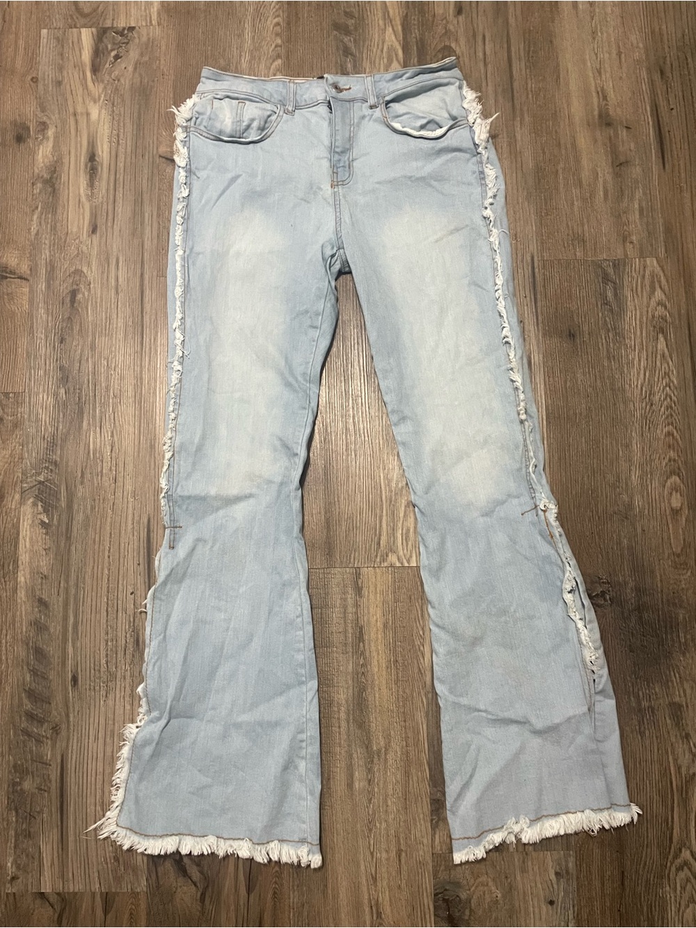 Light Blue Frayed Side Seam Flare Jeans - Women